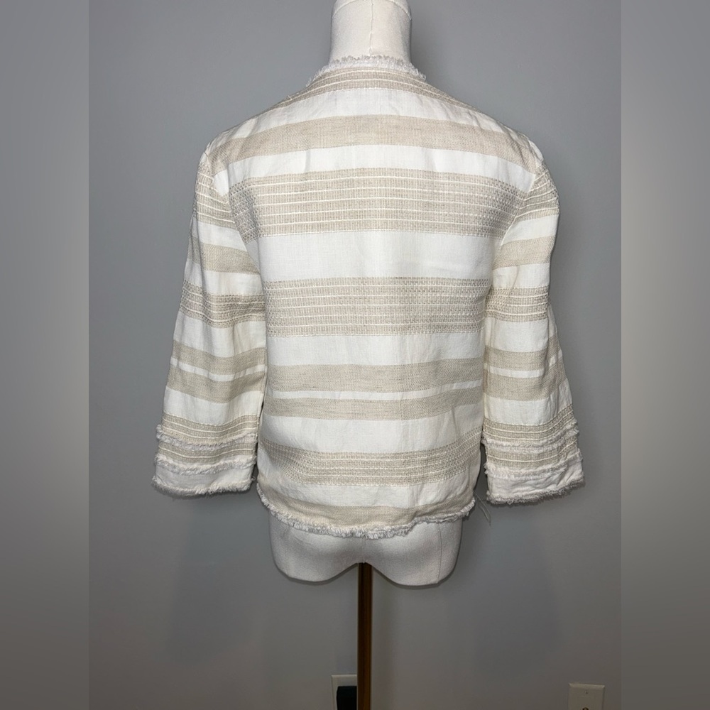 Greylin stripe linen cotton Blazer small fringe trim open front - Picture 7 of 10